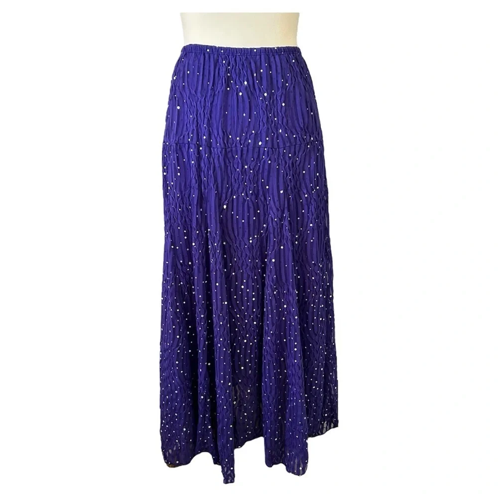 VTG Women's Med Maxi Skirt A-Line Crinkled Purple Two Tone Stretchy Gypsie Fairy
